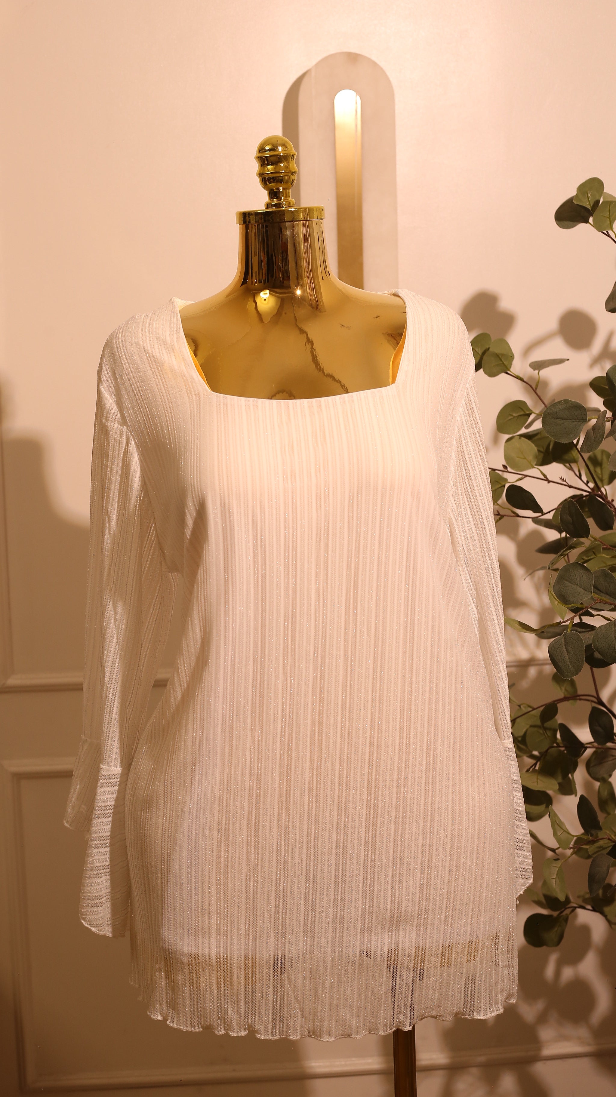 White Pleated Square Neck Mini Dress