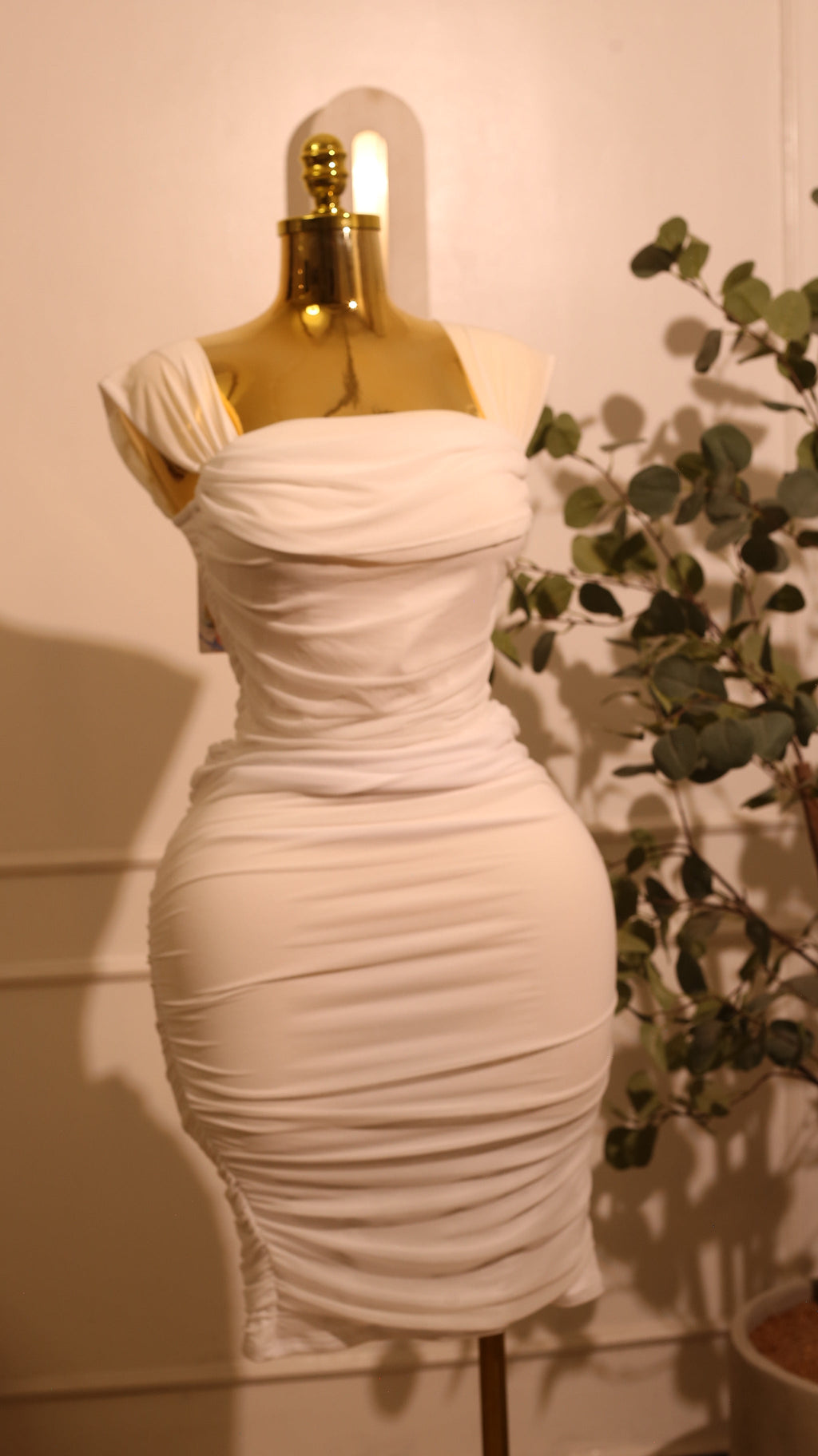 White Ruched Off-Shoulder Stretch Body-Con Midi Dress