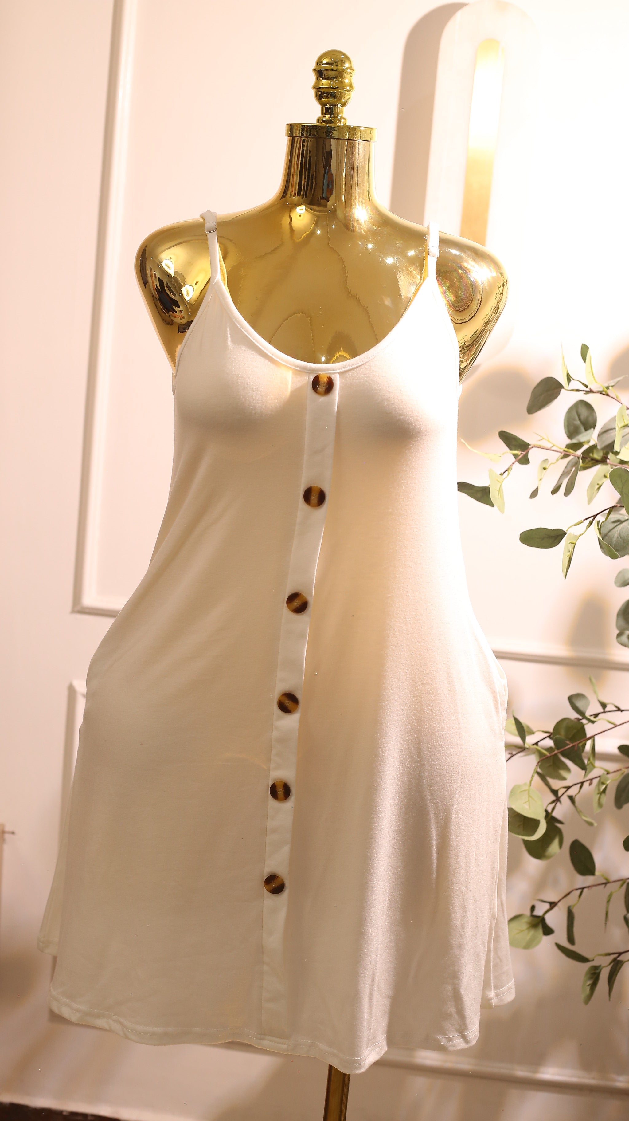 White Spaghetti-Strap Button-Down Tank Dress