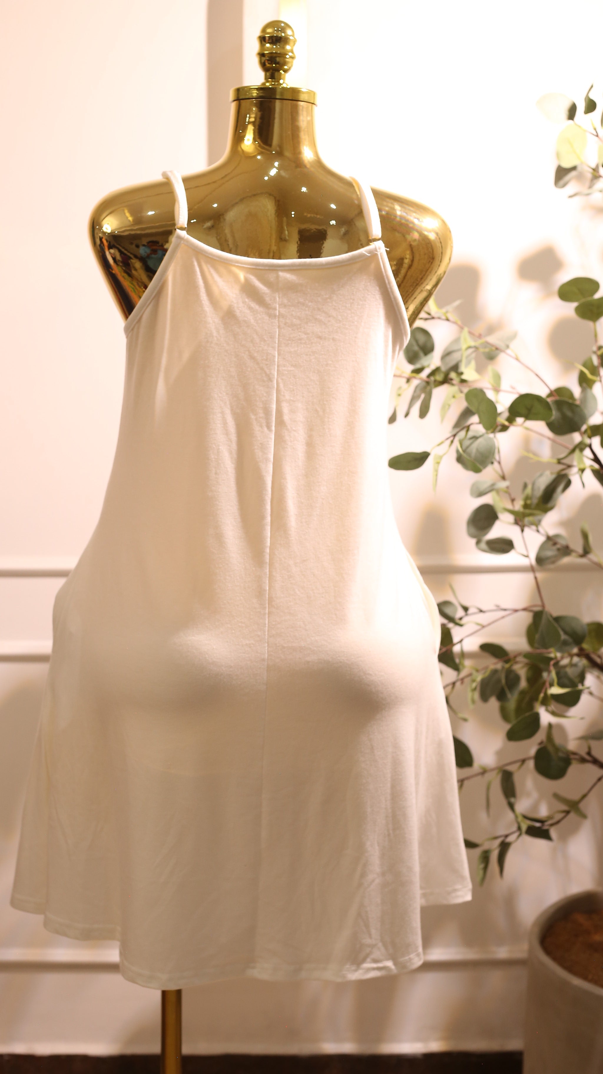 White Spaghetti-Strap Button-Down Tank Dress