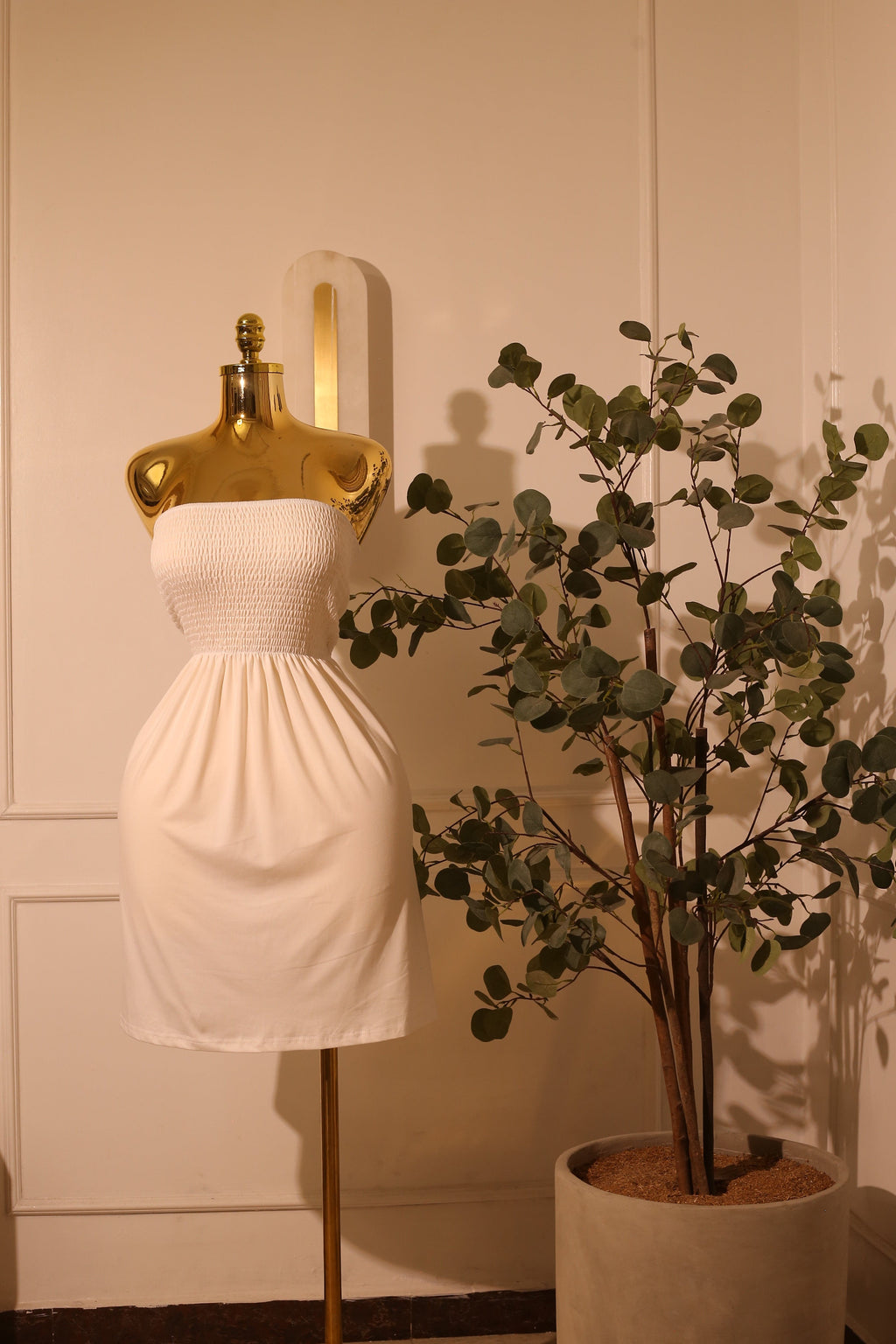 White Strapless Smocked Mini-Dress