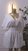 White V-Neck Shirred Waist Romper