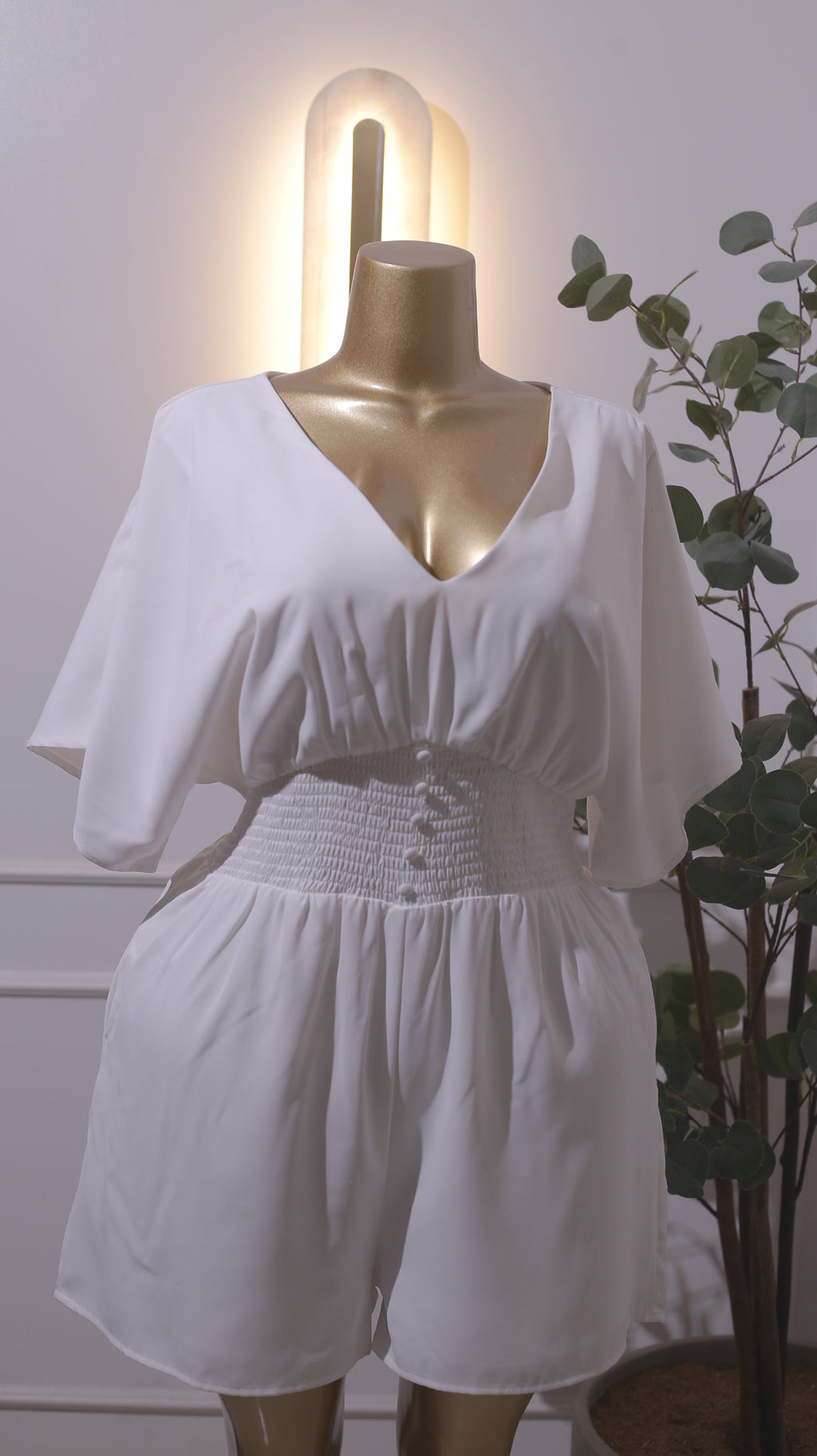 White V-Neck Shirred Waist Romper