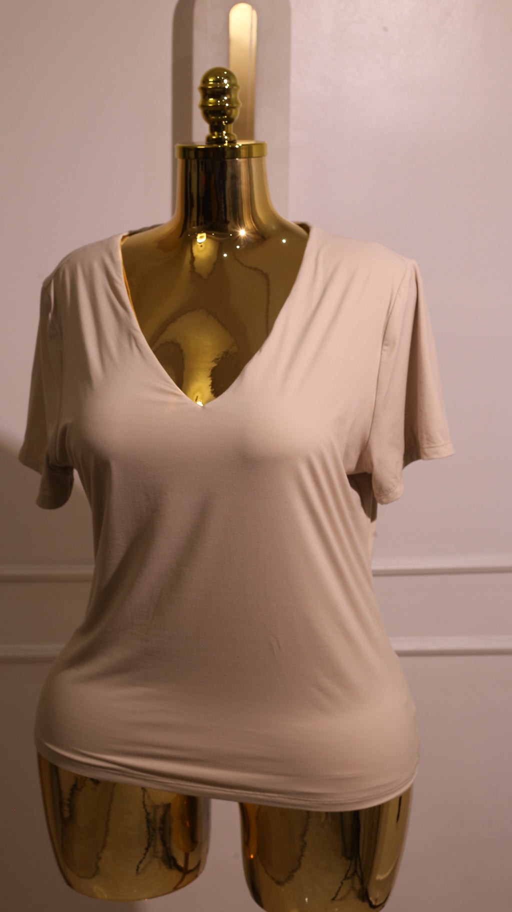 Beige V-Neck Short-Sleeve T-Shirt