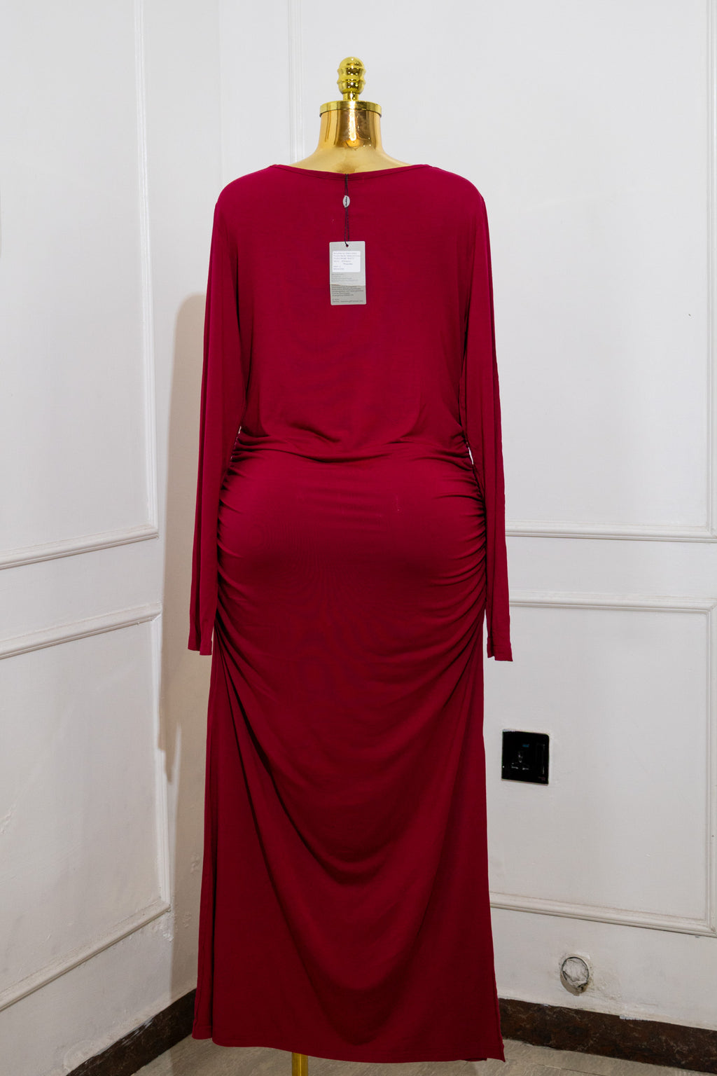 Wine Ruched Long-Sleeve Maxi Dress