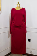 Wine Ruched Long-Sleeve Maxi Dress