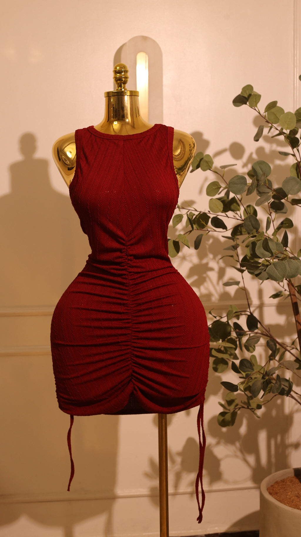 Women'S Ribbed Knit Bodycon Mini Dress With Adjustable Side Drawstrings, Likely In A Red Color