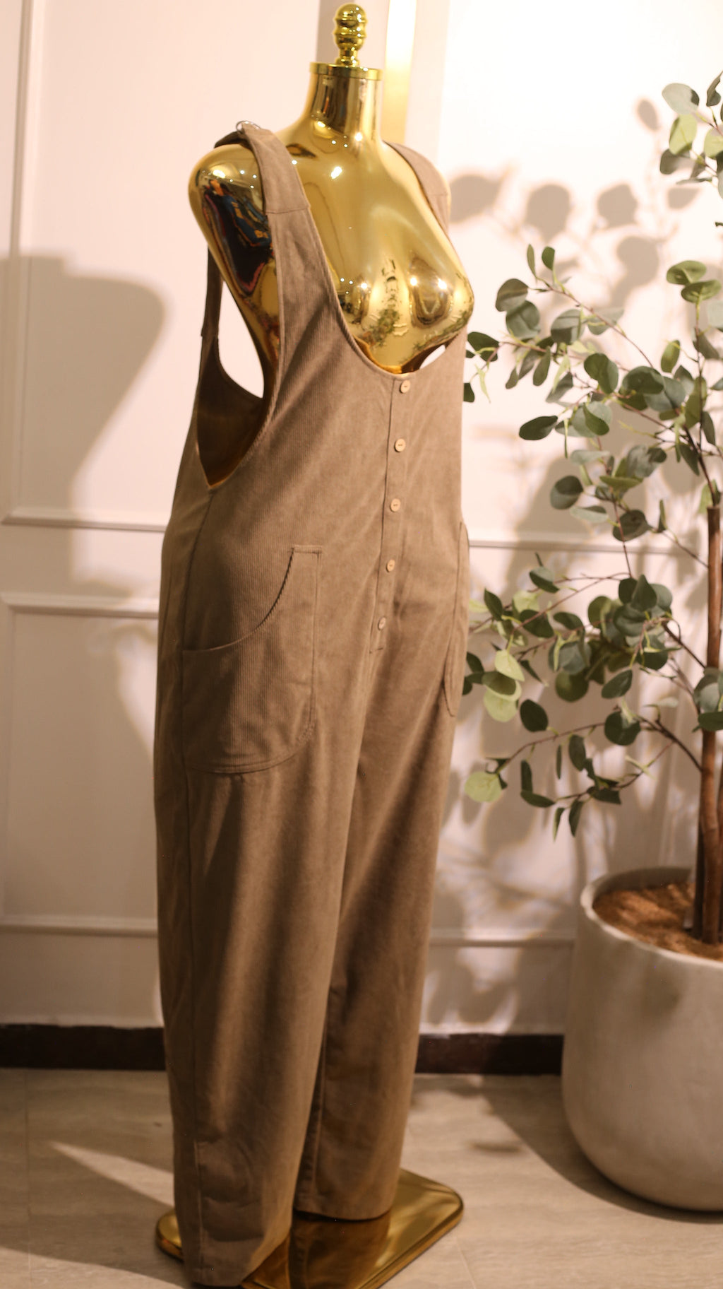 Women'S Taupe Or Beige Corduroy Overall Jumpsuit With Wooden Buttons And Large Patch Pockets