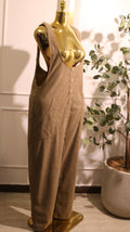 Women'S Taupe Or Beige Corduroy Overall Jumpsuit With Wooden Buttons And Large Patch Pockets