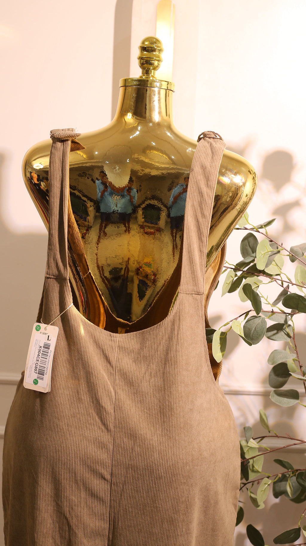 Women'S Taupe Or Beige Corduroy Overall Jumpsuit With Wooden Buttons And Large Patch Pockets