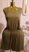 Sleeveless Romper With An Elastic Waist And Keyhole Back In An Olive Green Color
